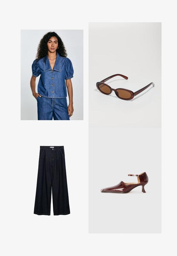 Bluză din denim cu mâneci bufante, guler mare și șapte butoane. Culoare albastră cu detalii de cusătură vizibile și un croi lejer.; Pantaloni largi din denim închis, cu talie înaltă, având un închidere cu nasture frontal, două buzunare laterale și detalii de cusătură.; Pantof burgundiu din piele lăcuită, cu vârf ascuțit, curea la gleznă și toc conic de 5 cm. Textură netedă și design minimalist.; Ochelari de soare rotunzi, cu nuanțe de brown și cu un cadru lucios de burgund. Brațe subțiri cu detalii subtile de branding. Design cu lentile plate.; Geantă de mână din țesătură neagră cu textură pliată, două curele de umăr și închidere cu șnur pe laterale. Material neted și ușor.