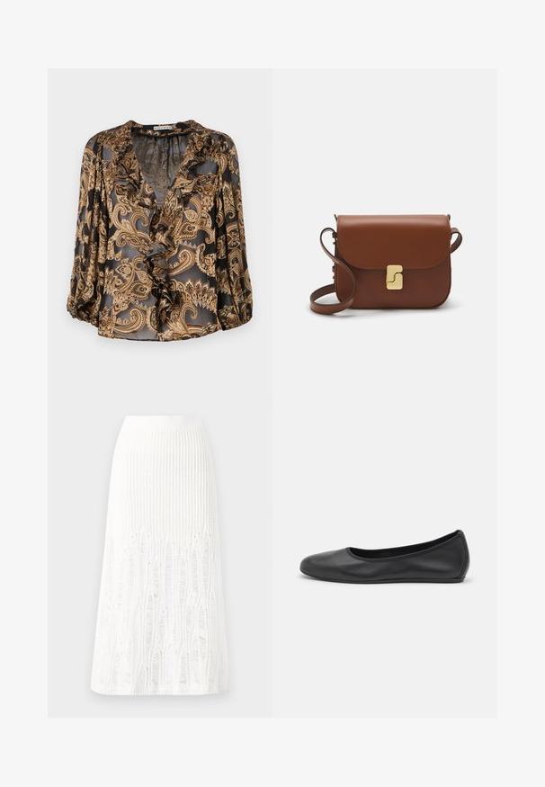 Zwart en gouden paisley blouse met een ruffled V-hals, driekwart mouwen en een doorschijnende textuur, met een losse pasvorm en een ingewikkeld patroon.; Witte korte mouwen t-shirt van ribstof. Ronde halslijn, normale pasvorm en subtiele stiksels. Geen patronen of grafische elementen.; Gehaakte witte midi rok met een textuurpatroon met verticale lijnen en uitsparingen nabij de zoom. Elastische tailleband. Zacht materiaal.; Zwarte leren ballerina met een ronde neus, gladde textuur, minimale stikdetails en een flexibele zoolontwerp.; Bruine leren handtas met een klep sluiting, gouden hardware, een schouderband en een gladde textuur. Compact rechthoekige vorm.