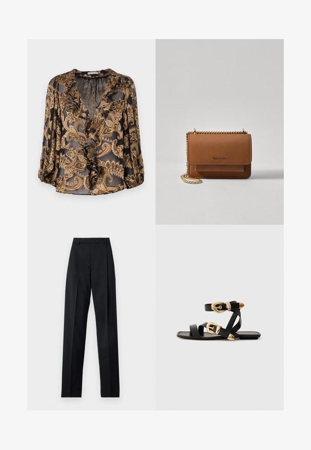 Black and gold paisley blouse with ruffled V-neck, three-quarter sleeves, and a sheer texture, featuring a loose fit and intricate pattern.; Black trousers made from smooth fabric featuring a high waist, wide legs, front pleats, and classic belt loops. No side pockets visible.; Black leather sandals with gold buckle accents, featuring multiple straps and a flat sole design for open-toe wear.; Brown textured leather crossbody bag with gold chain strap and flap closure. Front features logo detail and a pocket under the flap.