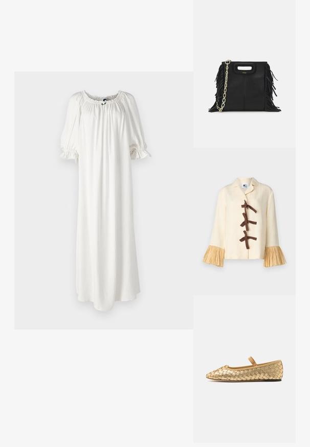 Sleeper CRUSOE SHIRT - Camicia - white asparagus; Abito bianco fluido realizzato in tessuto morbido con scollatura arricciata e maniche a sbuffo, caratterizzato da un delicato dettaglio con fiocco sul davanti.; Loeffler Randall LEONIE SOFT BALLET FLAT - Ballerine con cinturino - gold; Borsa a tracolla in pelle nera con dettagli a frangia, catena dorata e manico ritagliato. Presenta il logo sulla parte anteriore.