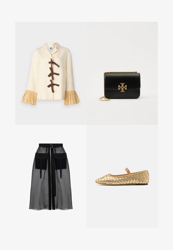 Sleeper CRUSOE SHIRT - Blusa - white asparagus; Falda negra transparente con una cinturilla fruncida, que presenta dos grandes bolsillos frontales, un lazo en la cintura y un acento metálico circular.; Loeffler Randall LEONIE SOFT BALLET FLAT - Bailarinas con hebilla - gold; Bolso de mano de piel negra con cadena en tono dorado y acento de logotipo. Presenta una forma rectangular con solapa plegable. Textura suave.