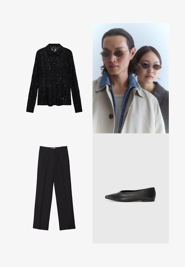 Mango Overhemdblouse - black; Zwarte op maat gemaakte broek met een recht model, voorzien van dubbele plooien, een soepele textuur en subtiele details aan de voorzijde.; Zwarte leren balletflat, puntige neus, minimalistisch design, gladde textuur, lage hak, geen zichtbaar beslag of versieringen.; Goudkleurige zonnebril met ovale lenzen, gedragen door twee personen. De een draagt een beige jas met een denim kraag; de ander heeft een donkere, met kraag geklede top aan.; Zwarte leren handtas met twee handvatten, ovale vorm, zachte textuur, subtiele branding en een hartvormig label eraan bevestigd.