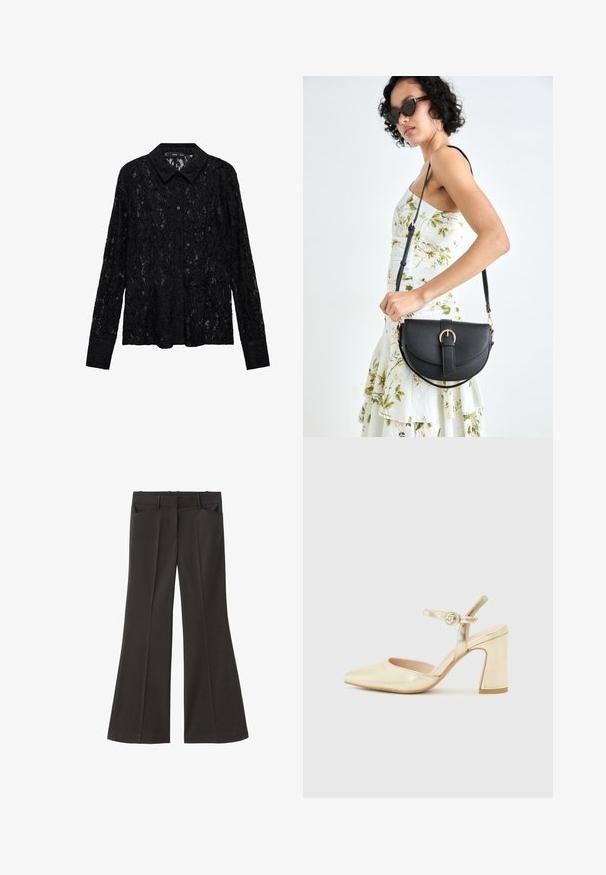 Mango Overhemdblouse - black; Zwarte flared broek met een hoge taille; beschikt over twee voorkeurszakken en een gladde stoftextuur. Geschikt voor verschillende gelegenheden.; Gouden metallic hoge hak schoen met een spitse neus, een enkelband met een ronde sluiting en een chunky hak ontwerp. Gladde textuur.; Zwarte leren handtas met een gebogen vorm, afneembare schouderband en gouden hardware. De tas heeft een klep met een gespsluiting.