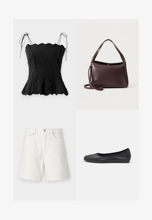 Fekete len felső, formázott bodice-szal, hullámos nyakkivágással és állítható kötőpántokkal. A bokáig érő szegély lágy vonalat alkot.; Hosszú ujjú, világos bézs blúz kerek nyakkivágással. Puha anyagból készült, középső varrással és enyhén ívelt szegéllyel rendelkezik. Nincs rajta látható fémrész.; Fehér farmer sort egyenes szabással, öt zsebbel, elülső gombos záródással, ezüst színű fémrészletekkel és varrt díszítéssel.; Fekete bőr balettcipő lekerekített orral, sima tekstúrával, minimális varrással és rugalmas talp kialakítással.; Barna bőr kézitáska, amelynek strukturált formája van, egyetlen felső fogantyúval és levehető vállpánttal. Aranyszínű fém részletezés.