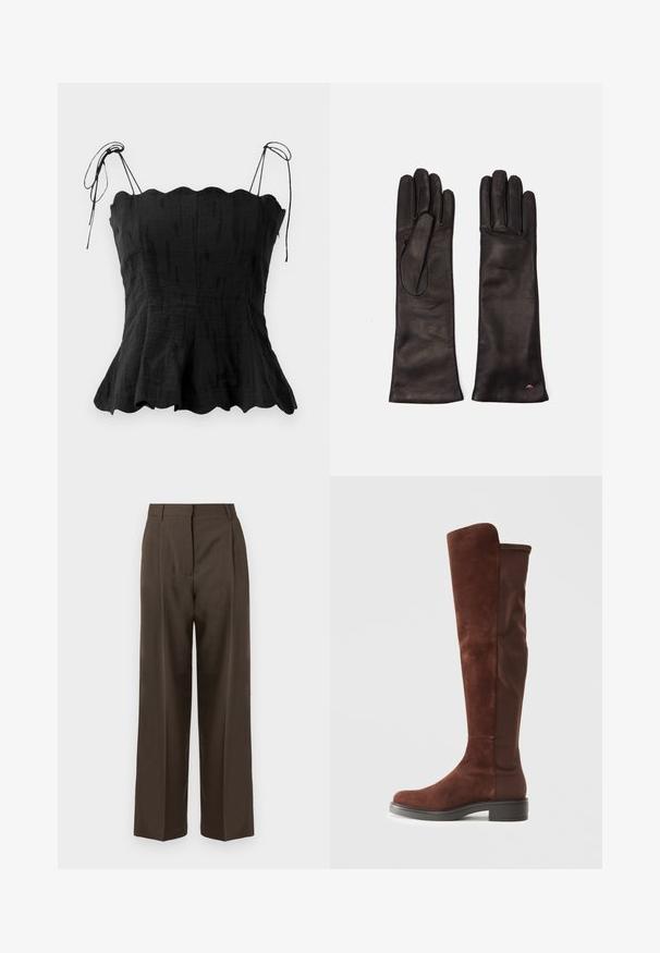 Juodas lininis topas su prigludusia liemene, banguota apykakle ir reguliuojamomis raištelėmis. Platėjantis apatinis kraštas sukuria plazdančią siluetą.; Rudos platesnios kelnės su lygiu paviršiumi, turinčios aukštą liemenį, priekinės klostes ir pritaikytą dizainą. Nėra matomų kišenių ar puošmenų.; Aukšta ruda zomšos ir audinio batai su žemu juodu kulnu ir apvaliu pirštu, pavaizduoti šoninėje pusėje ant švaraus balto fono.; WEEKEND MaxMara SENAPE - Pirštinės - nero