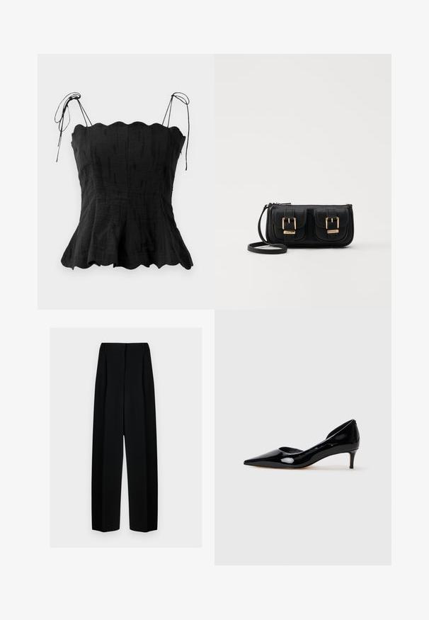Svart linntopp med en tettsittende liv, bølgete utringning og justerbare bånd. Flared hem gir en flytende silhuett.; Svart vide bukser med høy livhøyde, med folder og en glatt tekstur. Stoffet virker lett og faller elegant.; Sorte patentlær kvinner spiss tå kitten hæl sko med lav hæl, vist i profil på en enkel lys grå bakgrunn.; Svart skinn crossbody veske med to frontlommer, gyldne spenner, glidelåslukking og en slank stropp. Teksturert overflate og kompakt rektangulær form.