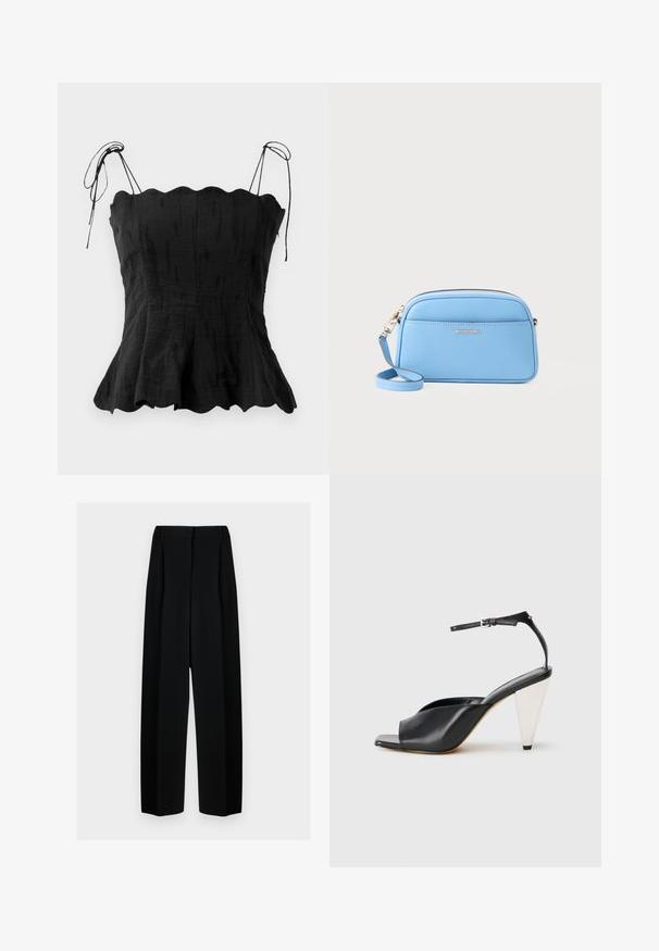 Top de linho preto com corpete ajustado, decote em forma de escalope e alças ajustáveis. A bainha evasê cria uma silhueta fluida.; Calças largas pretas com uma cintura alta, apresentando pregas e uma textura suave. O tecido parece leve e cai elegantemente.; Sandal de salto alto em couro preto com bico aberto, design assimétrico, tira no tornozelo e um salto metálico em forma de cone. Textura suave por toda a parte.; Bolsa crossbody em couro azul claro com acessórios em tom de ouro, fecho em zip, e um bolso frontal. Apresenta uma alça ajustável para conveniência.
