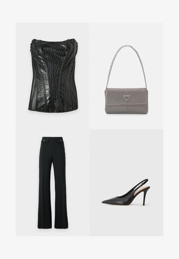 Sort ærmeløs top i blankt faux læder med krokodilleskindsstruktur, der har lodrette sømme og et struktureret design.; Højtaljede sorte flared bukser med detaljerede sømme foran og to klaplommer med guldknapper ved taljen.; Sort læder slingback højhælet sko med spids tå, glat tekstur og en delikat rem med en metallisk spænde.; Lys grå metallisk håndtaske med kædestrop, dekoreret med små runde metalliske studs og et trekantet brandlogo.