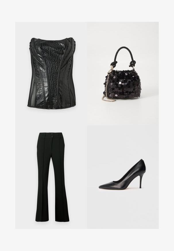 Schwarz ärmelloses Top aus glänzendem Kunstleder mit Krokodilstruktur, das vertikale Nähte und ein strukturiertes Design aufweist.; Schwarze, ausgestellte Hose aus glattem Stoff mit hohem Bund und zwei Knöpfen sowie vorderen Abnähern für eine taillierte Optik.; Schwarzer, hochhackiger Lederpumps mit spitzer Schuhspitze, glatter Textur und elegantem Design. Verfügt über einen schlanken, erhöhten Absatz und eine tief ausgeschnittene Vorderseite.; Schwarze Pailletten-Mini-Handtasche mit einem geknoteten, strukturierten Tragegurt und einer silbernen Kette. Abgerundete Form mit gerafftem oberen Teil und reflektierenden Details.