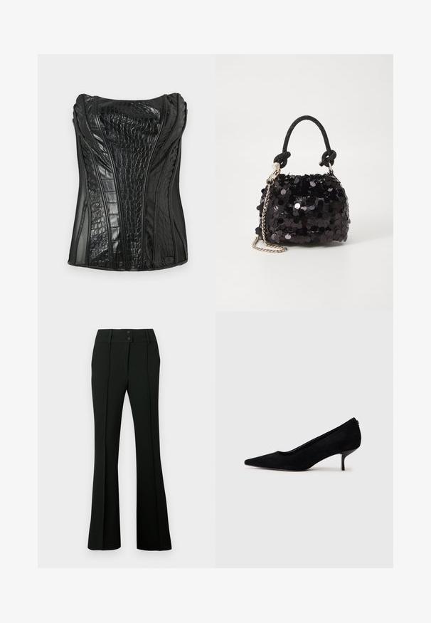 Schwarz ärmelloses Top aus glänzendem Kunstleder mit Krokodilstruktur, das vertikale Nähte und ein strukturiertes Design aufweist.; Schwarze, ausgestellte Hose aus glattem Stoff mit hohem Bund und zwei Knöpfen sowie vorderen Abnähern für eine taillierte Optik.; Schwarzer Wildleder-High-Heel-Schuh mit spitzem Zeh und slim, niedrigem Absatz. Glatte Textur mit elegantem Design, ohne sichtbare Beschläge.; Schwarze Pailletten-Mini-Handtasche mit einem geknoteten, strukturierten Tragegurt und einer silbernen Kette. Abgerundete Form mit gerafftem oberen Teil und reflektierenden Details.
