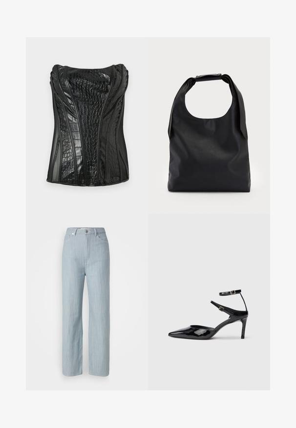 Črna brezrokavnik iz sijoče umetne usnje s teksturo krokodila, z navpičnimi šivi in strukturnim oblikovanjem.; Svijetloplave traperice ravnog kroja. Imaju pet džepova, metalno kopčanje na dugme i suptilno izbjeljivanje za teksturu.; Črne lakirane čevlje z visoko peto in ožjim prstom, z nastavljivimi gležnjastimi trakovi in tankim peto. Gladka tekstura z sijočim zaključkom.; Črna usnjena torba hobo z enim mehkobnim, okroglim ročajem; ima gladko teksturo in minimalističen dizajn. Brez vidnih kovinskih delov ali poudarkov.