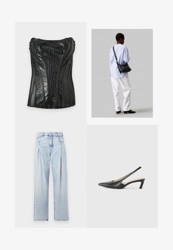 Mustat hihattomat yläosat kiiltävästä tekonahasta, jossa on krokotiilinkuosis, sekä pystysaumat ja jämäkkä muotoilu.; Vaaleansiniset farkut, joissa on korkea vyötärö, leveälahkeinen leikkaus, kaksi sivutaskua ja pleatattu muotoilu. Pehmeä rakenne, jossa on haalistunut viimeistely.; Musta, kärjeltään terävä slingback-kengä, jossa on matala korko. Kengässä on sileä nahkamateriaali ja sivuilla leikkaukset hengittävyyttä varten.; Musta nahkainen olkalaukku, jossa on pehmeä rakenne, kolmion muoto ja säädettävä hihna, yhdistettynä vaaleansiniseen raidalliseen paitaan ja valkoisiin housuihin.