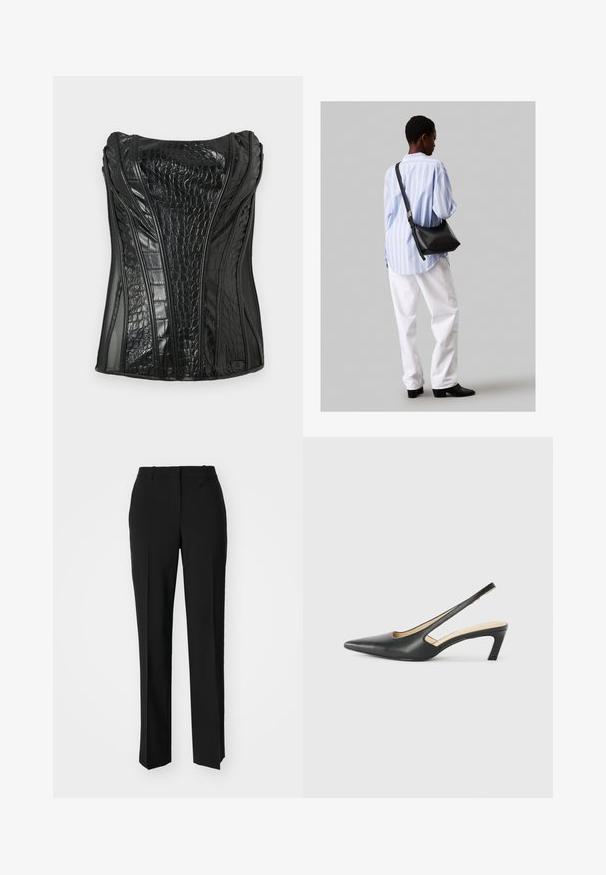 Juodas be rankovių topas, pagamintas iš blizgaus dirbtinio odos, su krokodilo tekstūra, turintis vertikalius siūlus ir struktūrinį dizainą.; Juodi pritaikyti kelnių modeliai su tiesiomis kojomis, pasižyminčios lygiomis tekstūromis ir ryškiomis klostėmis priekyje. Nėra matomų detalių.; Juodas smailus slingback batelis su žemu kulnu, pagamintas iš lygaus odos paviršiaus ir su išpjovomis šone, užtikrinančiomis oro pralaidumą.; Juodas odinis petinis krepšys su minkšta tekstūra, trikampiu pavidalu ir reguliuojama juosta, derinamas su šviesiai mėlynu dryžuotu marškinėliu ir baltais džinsais.