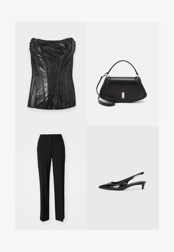 Fekete ujjatlan felső, fényes műbőrből készült, krokodil mintával, függőleges varrásokkal és strukturált kialakítással.; Fekete, testhezálló nadrág egyenes szárú kivitelben, sima textúrával és éles redőkkel az elején. Nincs látható fémalkatrész.; Fekete bőr slingback magassarkúk, hegyes orral, vékony sarkakkal és arany színű részlettel a állítható pánton. Simа felület.; Fekete bőr kézitáska, strukturált dizájnnal, rövidített formával, felső fogantyúval és arany színű kiegészítőkkel. Állítható vállpánt is tartozik hozzá.