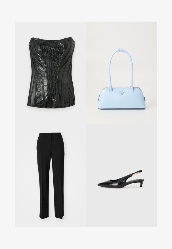 Crni top bez rukava od sjajne umjetne kože s teksturom krokodila, s vertikalnim šavovima i strukturiranim dizajnom.; Crne krojene hlače ravnog kroja, s glatkom teksturom i oštrim pregibima naprijed. Bez vidljivih metalnih dijelova.; Crne kožne sandale s petom, s izduženim vrhom, imaju usku petu i zlatni akcent na podesivoj traci. Glatka tekstura.; Svijetloplavi ručni torbica sa strukturiranim oblikom, glatka kožna materija, dva ručka i trokutasti brend logotip na prednjoj strani. Zatvaranje na patentni zatvarač.