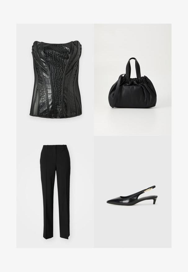 Must mustatus tipp, mis on valmistatud läikivast faux nahast ja krokodillitextrist, omab vertikaalseid õmblusi ja struktuurset disaini.; Mustad ja sirged püksid, millel on sile tekstuur ja teravad voldid esiosas. Ilma nähtavate detailideta.; Mustad nahast slingback kontsad terava ninaga, millel on õhuke konts ja kuldse tooni aktsent reguleeritaval rihmal. Sile tekstuur.; Mustmust mustkott mustrihmaga ülaosa disainiga, millel on kaks lühikest käepidet ja pikk reguleeritav rihm. Sile tekstuur, ümar kuju.