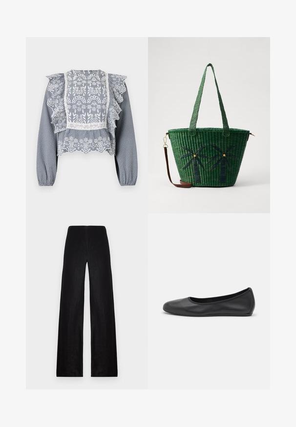 Niebiesko-biała bluzka w kratkę z koronkowymi detalami, falbaniastymi rękawami, peplum i elastycznymi mankietami, wykonana z lekkiego materiału.; Czarne spodnie typu wide-leg, wykonane z lekkiego materiału. Charakteryzują się wysokim stanem, gładką fakturą i czystymi liniami, bez kieszeni i ozdób.; Czarne skórzane baletki z zaokrąglonym noskiem, gładką fakturą, minimalnymi przeszyciami i elastycznym designem podeszwy.; Zielona, pleciona torba tote z wzorem palm na ciemnozielonym tle; posiada dwa uchwyty i odczepiany brązowy skórzany pasek.