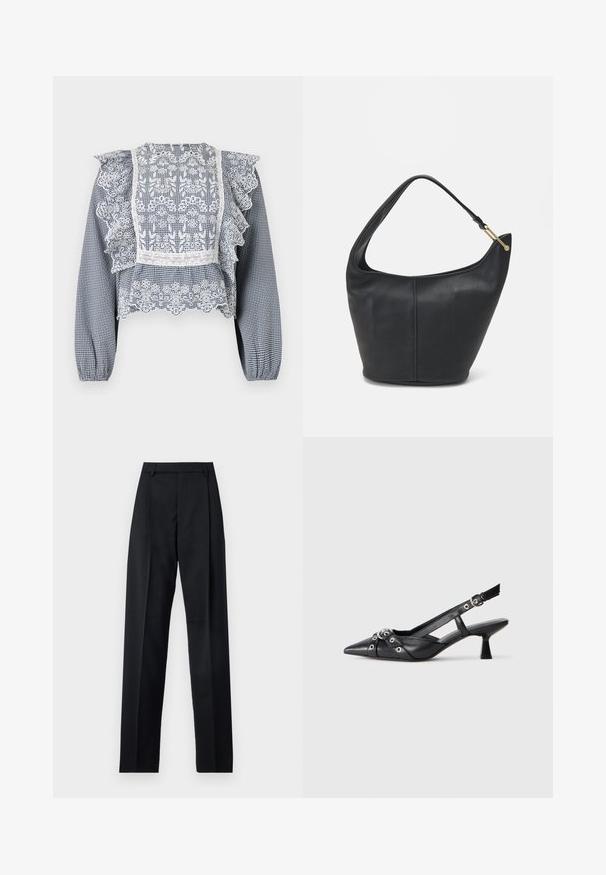 Navy and white checkered blouse featuring lace detailing, ruffled sleeves, a peplum hem, and elastic cuffs, made from lightweight fabric.; Black trousers made from smooth fabric featuring a high waist, wide legs, front pleats, and classic belt loops. No side pockets visible.; Black leather slingback shoe with a pointed toe, decorative straps featuring metal eyelets, and a low block heel. Textured surface.; Black leather handbag with a rounded shape, a wide strap, and a textured finish. Features a subtle seam detail and a gold-tone hardware accent.