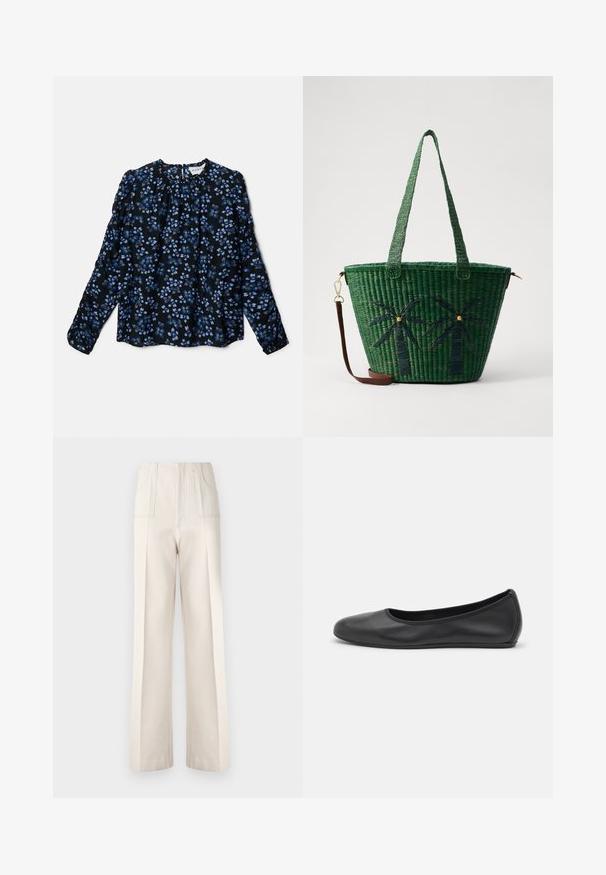 Blomstret bluse med lange ærmer i sort, med blå og hvide blomster mønstre, draperet halsudskæring og elastiske manchetter. Let, flagrende stof.; Beige vidde bukser med høj talje, to forlommer og synlige syninger. Lavet af et glat, let materiale.; Sort læderballetsko med rund tå, glat tekstur, minimal syning og et fleksibelt såldesign.; Grøn vævet tote taske med palmetræ designs i mørkere grøn; har to håndtag og en aftagelig brun læderrem.