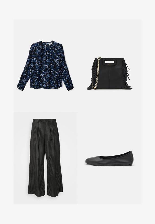 Czarna bluzka z długim rękawem w kwiaty, z niebieskimi i białymi wzorami, marszczonym dekoltem oraz elastycznymi mankietami. Lekka, zwiewna tkanina.; Czarne spodnie w szerokie nogawki w paski, z zakładkami, charakteryzujące się dopasowanym krojem i miękką teksturą. Brak widocznych metalowych elementów lub akcentów.; Czarne skórzane baletki z zaokrąglonym noskiem, gładką fakturą, minimalnymi przeszyciami i elastycznym designem podeszwy.; Czarna skórzana torebka na ramię z frędzlami, złotym łańcuszkiem oraz wyciętym uchwytem. Posiada umieszczone na przodzie logo.