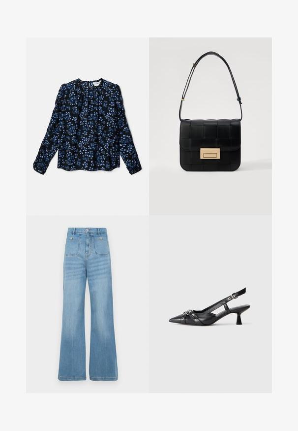 Czarna bluzka z długim rękawem w kwiaty, z niebieskimi i białymi wzorami, marszczonym dekoltem oraz elastycznymi mankietami. Lekka, zwiewna tkanina.; Jasno-niebieskie dżinsy o szerokim kroju, z dwoma przednimi i dwoma tylnymi kieszeniami, zakończone surowym wykończeniem dołu i zapięciem na guzik.; Czarne skórzane buty typu slingback z ostrym noskiem, ozdobnymi paskami z metalowymi oczkami oraz niskim klinowym obcasem. Teksturowana powierzchnia.; Loeffler Randall DESI czarny