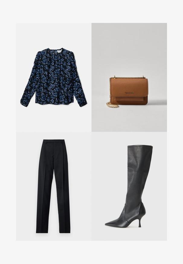 Blusa floreale a maniche lunghe nera, con motivi floreali blu e bianchi, scollo arricciato e polsini elasticizzati. Tessuto leggero e fluido.; Pantaloni neri realizzati in tessuto morbido, caratterizzati da vita alta, gambe larghe, pince frontali e classiche passanti per cintura. Non ci sono tasche laterali visibili.; Stivali neri in pelle al ginocchio con punta affusolata e tacco a stiletto sottile. Texture liscia con design aderente e cuciture lungo il bordo superiore.; Borsa a tracolla in pelle marrone con texture, dotata di catena dorata e chiusura a pattina. Sul davanti presenta un dettaglio con logo e una tasca sotto la pattina.