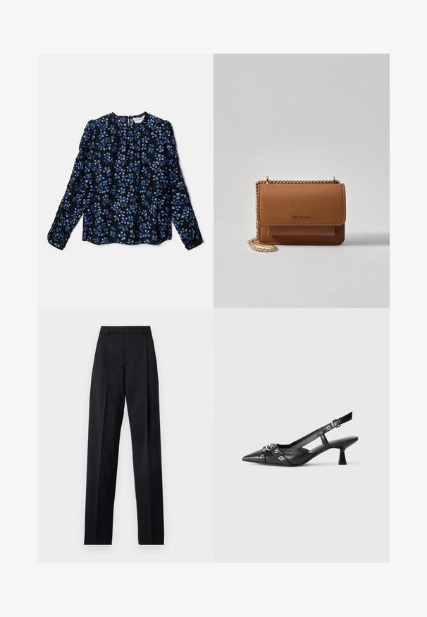 Kvetinová blúzka s dlhými rukávmi v čiernej farbe, s modro-bielymi kvetinovými vzormi, zberaným výstrihom a elastickými manžetami. Ľahká a vzdušná tkanina.; Čierne nohavice vyrobené z hladkej látky s vysokým pásom, širokými nohavicami, prednými záhybmi a klasickými pútkami na opasok. Žiadne bočné vrecká nie sú viditeľné.; Čierne kožené slingback topánky s špicatou špičkou, ozdobnými popruhmi s kovovými očkami a nízkym blokovým podpätkom. Textúrovaný povrch.; Hnedá textúrovaná kožená taška cez telo s zlatým reťazovým popruhom a preklopným uzáverom. Predná strana obsahuje detail s logom a vrecko pod preklopkou.