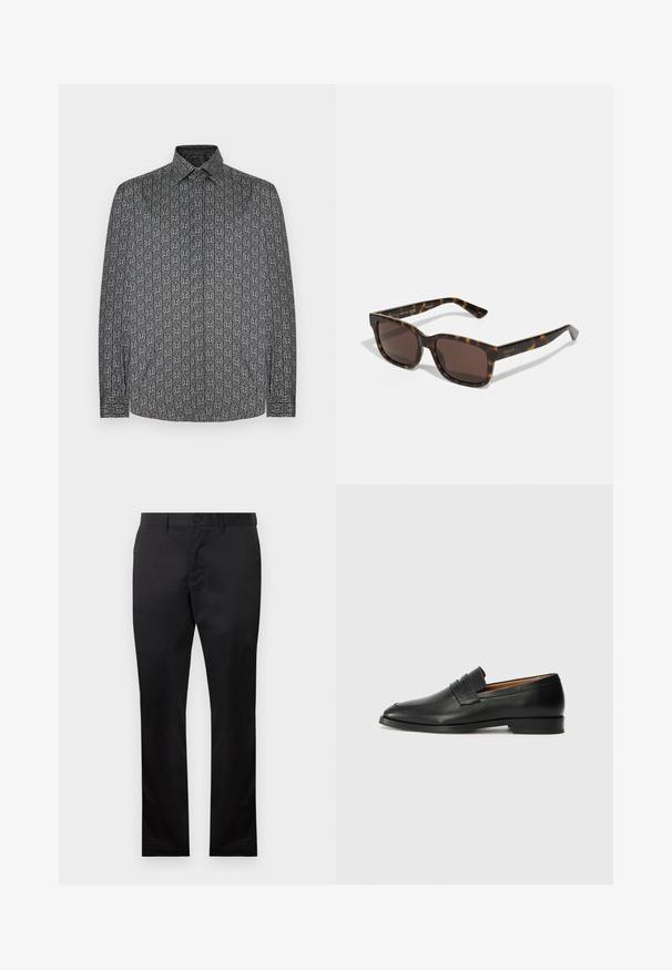 Hosszú ujjú ing, sötétszürke alappal és ismétlődő, absztrakt fehér mintával. Látható a gombos gallér és az ujjszegély részletei.; Fekete pamut nadrág egyenes láb kialakítással, elülső gombos zárással és oldalsó zsebekkel, sima textúrával, látható minták nélkül.; Fekete bőr mokaszin, kerek orral, diszkrét varrásokkal és alacsony sarokkal, sima felülettel és minimalista dizájnnal.; Gucci napszemüveg négyzet alakú, teknős mintás műanyag kerettel és barna lencsékkel. A szárakon diszkrét márkajelzés található.