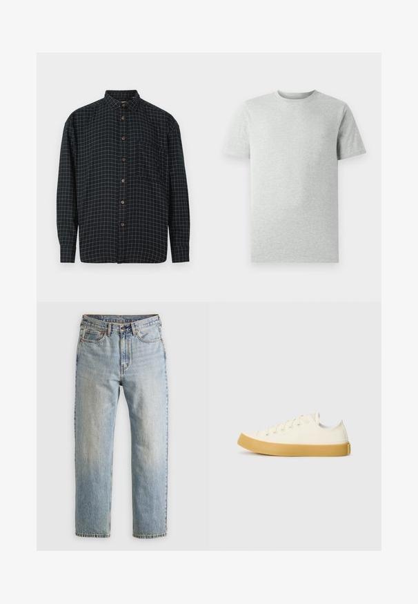 Sort langærmet skjorte med knapper og hvidt rutenetmønster, brystlomme og brune knapper på hvid baggrund.; En simpel lys grå kortærmet T-shirt med rund hals, vist på en hvid baggrund, set foran uden synlige logoer eller designs.; Lysblå denim jeans med høj talje, frontknap, lynlås og fem-lomme design, lagt fladt på en neutral baggrund.; Læder sneakers i off-white med rund tå, der har beige gummisåler og fem øjer til snørebånd, struktureret finish på overdelen.