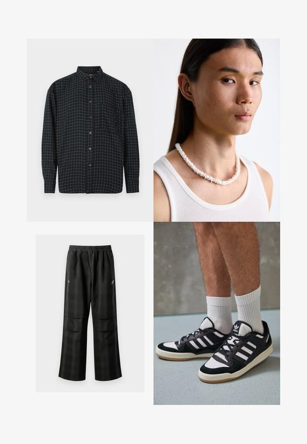 Black long-sleeve button-up shirt with white grid pattern, front pocket, and brown buttons on a white background.; Black plaid pants featuring an elastic waistband, two front pockets, and a loose fit with a straight leg design. Made from lightweight material.; Black and white sneakers with a suede and leather upper, featuring three white stripes, a perforated toe, and a gum rubber sole.; White shell necklace composed of irregular shapes, worn over a fitted white tank top. Smooth texture with subtle sheen, close-fitting design.