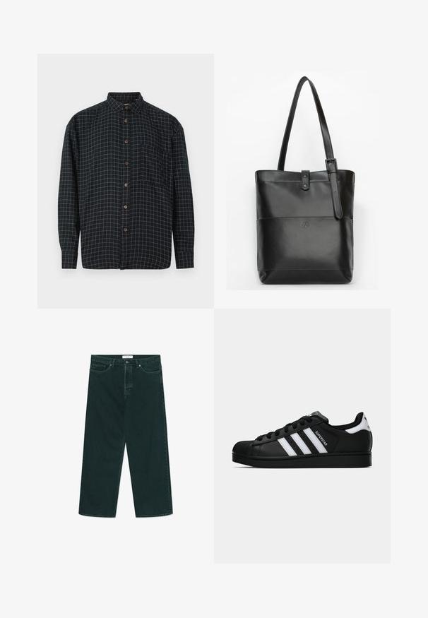 Black long-sleeve button-up shirt with white grid pattern, front pocket, and brown buttons on a white background.; Dark green wide-leg denim jeans with button and zip closure, front pockets, and belt loops, laid flat on a white background.; Black Adidas Superstar sneaker with white stripes, shell toe, and "Superstar" text on side, shown in side profile on white background.; KIWEE Tote bag - schwarz