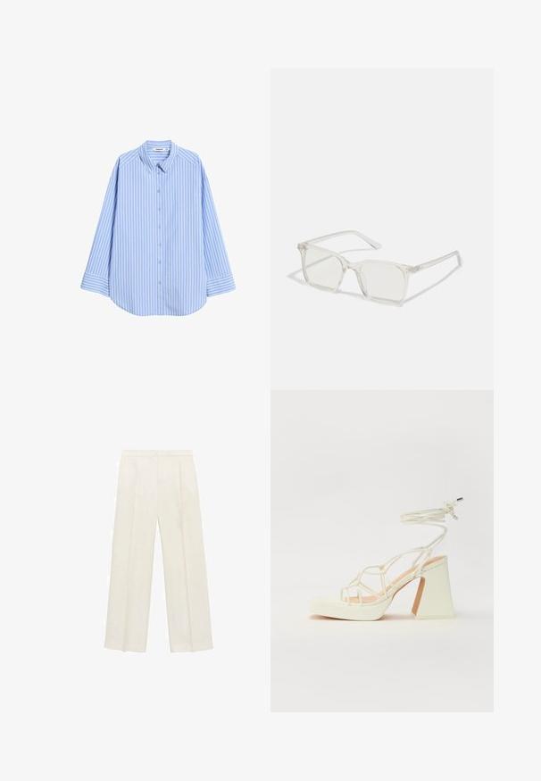 Lys blå skjorte med knapper og vertikale hvide striber, spidse kraver, lange ærmer og afrundet kant. Lavet af glat stof med en afslappet pasform.; Bredbenede bukser i en lys cremefarve. Fremstillet af et glat stof med plisseringer foran og sidelommer.; Hvide højhælede sandaler med en kraftig hæl, der har et stropdesign og ankelbinding. Glat tekstur med en platform foran for ekstra højde.; Klare plastiske briller med firkantet ramme og gennemsigtige linser, der har guld accenter på tempelstængerne for ekstra detaljer.; Brun læder tote taske med to lange håndtag, struktureret form, glat tekstur og minimalistisk design. Ingen synligt hardware eller accenter.