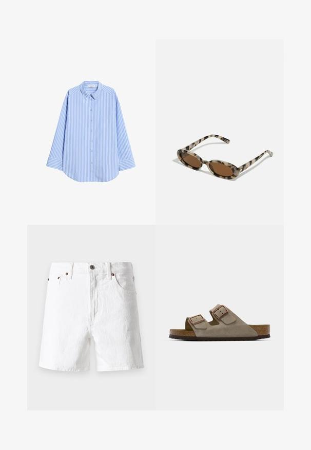 Himmelblaues Button-Up-Hemd mit senkrechten weißen Streifen, spitzem Kragen, langen Ärmeln und abgerundetem Saum. Hergestellt aus glattem Stoff mit bequemer Passform.; Weiße Jeansshorts mit klassischem Design, im Five-Pocket-Stil, mit Kupferknopf-Akzenten und einer leicht strukturierten Stoffoberfläche.; Wildledersandale in Hellgrau mit zwei verstellbaren Schnallen, einer Kork-Zwischensohle und einer strukturierten Gummiaußensohle.; Schildpatt-Sonnenbrille mit ovalen Gläsern, brauner Tönung und dünnen gemusterten Seiten. Leichtes Kunststoffmaterial mit dezenten goldenen Akzenten.; Braune Ledertasche mit zwei langen Griffen, strukturierte rechteckige Form, glatte Textur und dezente Nähdetails.; Silberfarbene Creolen mit einer Reihe klarer Steine und einem runden Kristallanhänger, der von jeder hängt. Poliertes Metall, elegantes Design.