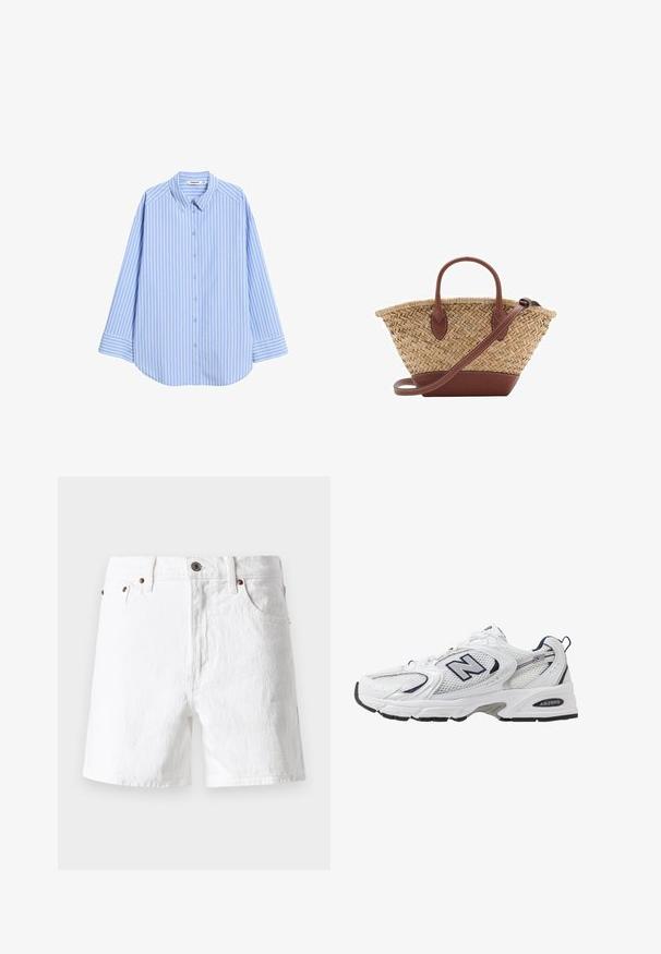 Lys blå skjorte med knapper og vertikale hvide striber, spidse kraver, lange ærmer og afrundet kant. Lavet af glat stof med en afslappet pasform.; Hvide denimshorts med klassisk design, fem-lomme stil, kobberknap-detaljer og en let tekstureret stoffinish.; Hvide sportsko med netoverdel, marineblå detaljer og polstret sål. Har "N" logo, snørebånd og struktureret detalje på siden.; Vævet stråkurv med brune læderdetaljer, to håndtag og en aftagelig rem. Buet form med en robust bund.