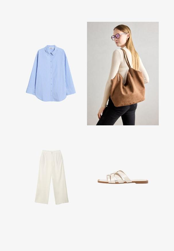 Vaaleansininen nappikauluspaita, jossa on pystysuorat valkoiset raidat, terävä kaulus, pitkät hihat ja pyöristetyt helmat. Valmistettu sileästä kankaasta, jossa on rento istuvuus.; Kermanhousut vaaleassa kankaassa, jossa on sileä rakenne, yksittäinen etunappi, hienovaraiset laskokset ja korkea vyötärömuotoilu.; Tason vaaleanruskealla kumipohjalla, jossa on kolme päällekkäistä valkoista nahkaremmiä ja pieni satiininen rusetti keskellä.; Ruskea nubukkivuoriolaukku, jossa on pehmeä rakenne, tilava avaus ja pitkät hihnat. Ominaisuuksiin kuuluu yksinkertainen muotoilu näkyvine ompeleineen ja ilman metalliosia.