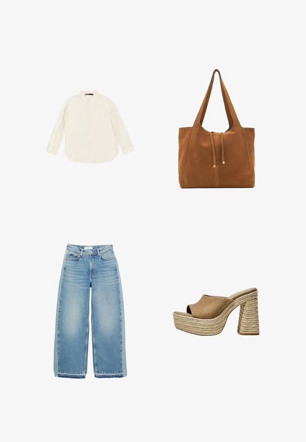Light beige long-sleeve button-up shirt made from soft material, featuring a classic collar and rounded hemline. Visible buttons down the front.; Light blue wide-leg jeans made of denim, featuring a high waist, button closure, front pockets, and raw hem.; Brown suede platform mules with an open toe, featuring a chunky braided jute heel and a smooth, rounded upper design.; Brown suede tote bag with two long straps, drawstring closure, and minimalistic design. Smooth texture and no visible hardware accents.