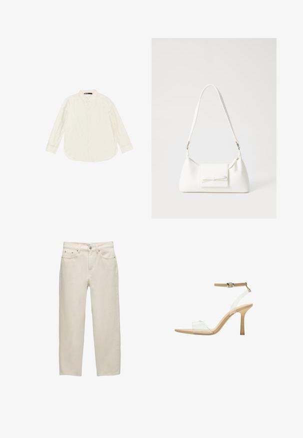 Licht beige overhemd met lange mouwen, gemaakt van zacht materiaal, met een klassieke kraag en een ronde zoom. Zichtbare knopen aan de voorkant.; Witte denim jeans met een ontspannen pasvorm, featuring een rechte pijp, vijf-pocket ontwerp en metalen hardware met een subtiele textuur.; Heldere sandaal met een doorzichtige bovenkant, beige voetbed en een slanke enkelriem. Voorzien van een spitse neus en een dunne hoge hak.; Witte synthetische handtas met een driehoekige vorm, platte voorklep en strikdetail, verstelbare schouderriem, gladde textuur en minimalistisch ontwerp.