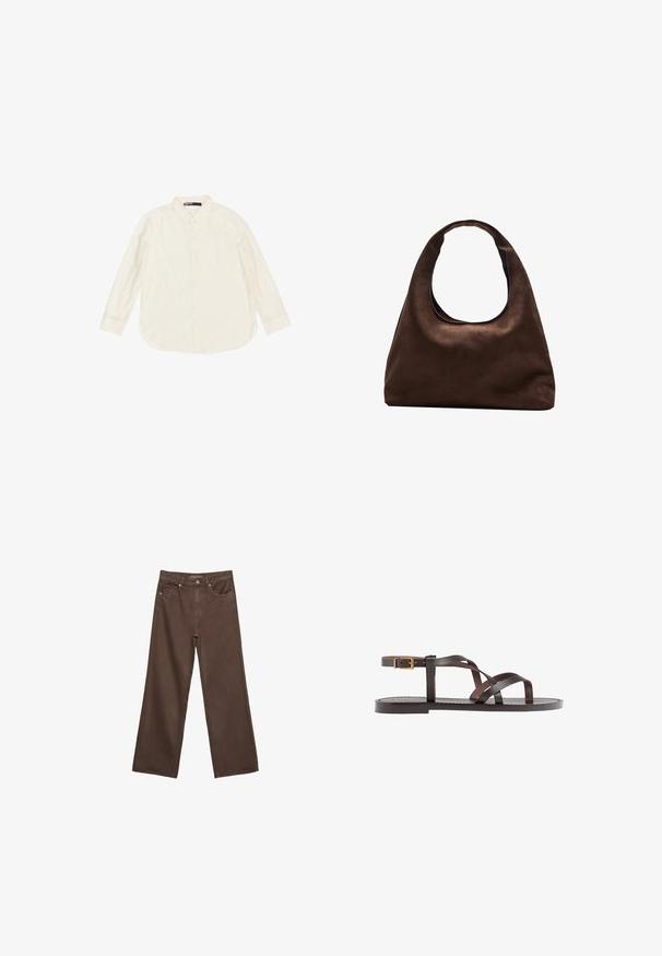 Light beige long-sleeve button-up shirt made from soft material, featuring a classic collar and rounded hemline. Visible buttons down the front.; Wide-leg brown jeans made of denim, featuring a high waist, front pockets, and a classic button closure. Smooth texture with subtle stitching.; Brown leather sandal featuring crisscross straps, an ankle buckle closure, and a flat sole with minimal stitching details.; Soft brown hobo-style handbag with a single wide strap and a curved top handle opening, displayed on a white background.