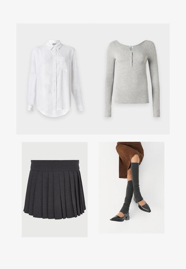 Bela srajca z dolgimi rokavi, izdelana iz lanu, z ovratnikom na gumb, enim žepom na prsih in zaobljenim robom. Ima standardno zapiranje spredaj z gumbi.; Svetlo siva rebrasta bluza s dugim rukavima in športnim ovratnikom in štirimi gumbi na sprednjem delu, prikazana na beli podlagi.; Siva plisirana krila z ravnim pasom in zadrgo, narejena iz strukturnega blaga, z enakomerno razporejenimi globokimi plisami.; Črne lakirane čevlje s pointy prsti in blok peto ter z naramnicami za gleženj, ki jih kombiniramo s sivimi rebrastimi nogavicami in rjavim suknjičem iz usnja.
