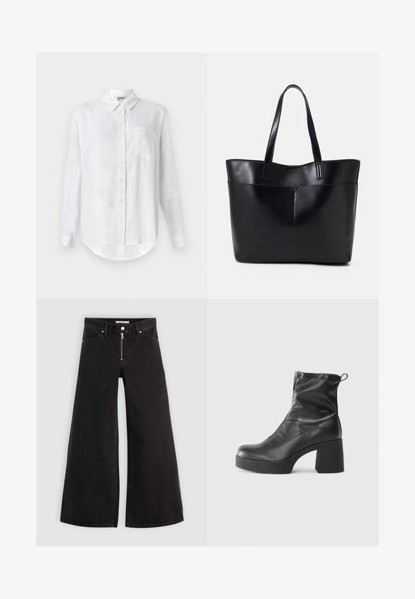 Bela srajca z dolgimi rokavi, izdelana iz lanu, z ovratnikom na gumb, enim žepom na prsih in zaobljenim robom. Ima standardno zapiranje spredaj z gumbi.; Široke traperice iz črnega denima z zadrgo spredaj, petimi žepi in diskretnimi šivi. Gladka tekstura in ležeren slog.; Črne gležnjarje iz gladke kože z božnim zadrgo, masivnim teksturiranim peto in zaobljeno obliko prstov.; Črna usnjena torba z dvema dolgima ročajema, gladko teksturo in strukturirano obliko. Ima sprednji žep za dodatno shranjevanje.