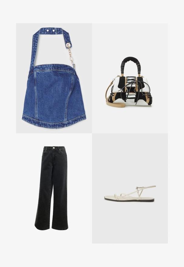 Denim shoulder bag with deep blue color, rectangular shape, adjustable strap, silver hardware, and a zipper closure with a chain accent.; High-waisted, wide-leg black denim pants with a button closure, five pockets, and a small logo embroidered on the front. Textured fabric.; Beige flat sandal with multiple slender straps and an adjustable buckle. The sole is flat with a slight dark contrast at the edge.; Multicolored handbag with black, white, and beige mesh. Features a textured handle, lace-up design, and detachable shoulder strap.