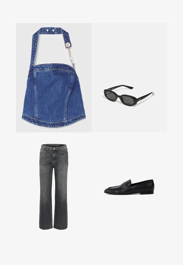 Sötétkék farmer válltáska, téglalap alakú, állítható pánttal, ezüstszínű fémszerelvényekkel, és cipzáras záródással lánc kiegészítővel.; Sötét szürke denim széles lábszárú farmernadrág, klasszikus öt zsebes dizájnnal, varrásos részletezéssel és gombos zárással a derékon.; Fekete bőr mokaszinok kerek orral, elől varrott részletekkel és lapos talppal. Minimalista design diszkrét logós accentsel.; Fekete napszemüveg ovális lencsékkel, fényes műanyag kerettel és karcsú szárakkal. A Ray-Ban logó fehér színben látható az oldalon.