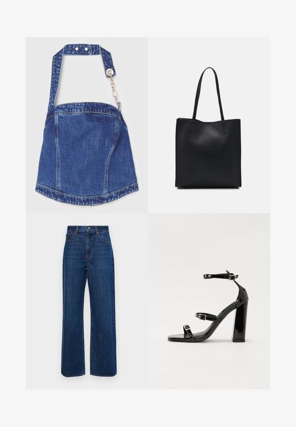 Denim olkalaukku syvän sinisessä värissä, suorakaiteen muotoinen, säädettävä olkahihna, hopeiset yksityiskohdat ja vetoketjukiinnitys, jossa on ketjuaksentti.; Tummansinisiä leveälahkeisia farkkuja, joissa on korkea vyötärö, viisi taskua ja näkyvät ompeleet saumoissa.; Musta kiiltävä korkokenkä sandaalit neliönmuotoisella varpaalla, nilkkaremmillä ja hopeisilla soljilla. Varustettu tukevalla lohkokorkealla vakauden takaamiseksi.; Mustapahkainen kangaskassi, jossa on sileä pinta, suorakaiteen muotoinen ja kaksi pitkää kahvaa. Ei näkyvää metalliosaa tai koristeita.