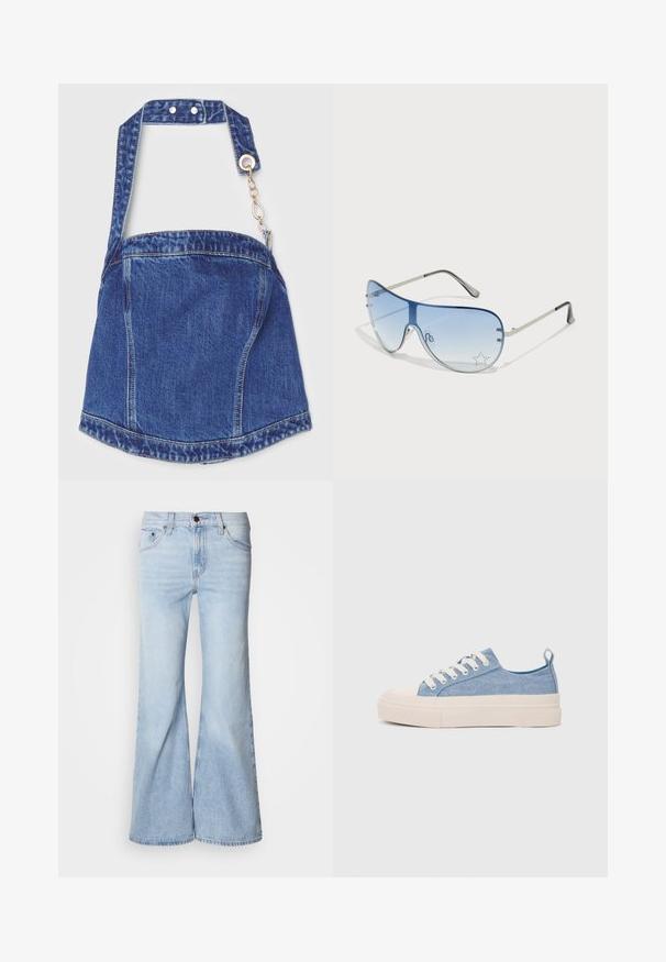 Sac en denim de couleur bleu profond, de forme rectangulaire, avec une bandoulière réglable, des accessoires en argent et une fermeture éclair ornée d'une chaîne.; Jean évasé bleu clair, avec une taille haute, en tissu denim, cinq poches et une fermeture par bouton. Les jambes sont larges et présentent une légère décoloration.; Baskets en toile bleu clair avec une coque en caoutchouc crème et une semelle extérieure, dotées de lacets blancs et d'une languette au talon.; Lunettes de soleil aviateur avec des verres dégradés bleus, une monture en métal argenté et des accents décoratifs en forme d'étoile sur les verres. Design lisse et élégant.