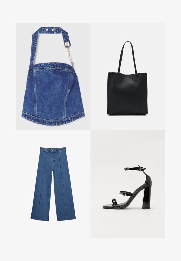 Borsa a spalla in denim di colore blu profondo, forma rettangolare, tracolla regolabile, dettagli in metallo argentato e chiusura con zip con accessorio in catena.; Jeans in denim a gamba larga di blu medio, con vita alta, chiusura con bottone e dettagli delle cuciture verticali a contrasto lungo la parte anteriore.; Sandali con tacco in vernice nera, con punta squadrata, cinturini alla caviglia e fibbie in argento. Presentano un tacco a blocco spesso per maggiore stabilità.; Borsa tote in pelle nera con texture liscia, forma rettangolare e due manici lunghi. Nessun hardware o decorazione visibile.