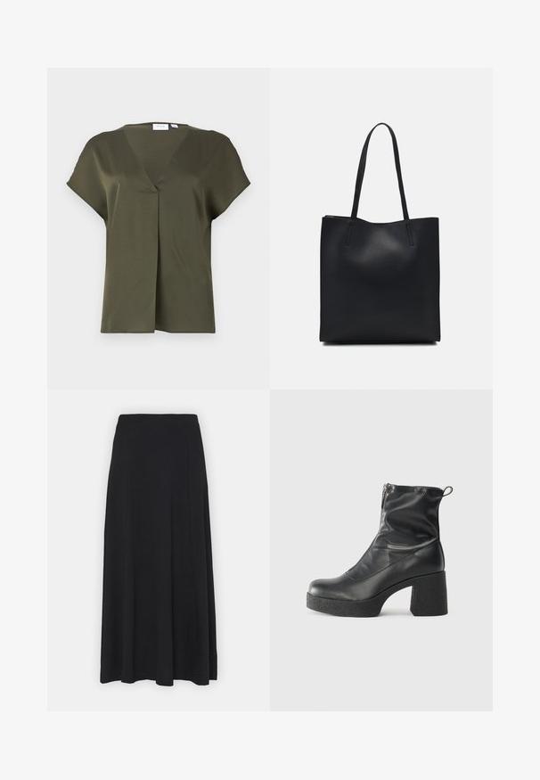 Mørk olivengrønn, kortermet bluse med V-hals og frontfold. Glatt stoff med en avslappet passform og minimal sømdetalj.; Maxi skjørt i solid svart. Utsvingt design med glatt tekstur og elastisk midjebånd. Ingen synlige mønstre eller detaljer.; Svarte ankelstøvler laget av glatt lær, med glidelås på siden, chunky strukturert hæl, og rund tå-design.; Svart lær tote bag med glatt tekstur, rektangulær form og to lange håndtak. Ingen synlige deler eller dekorasjoner.