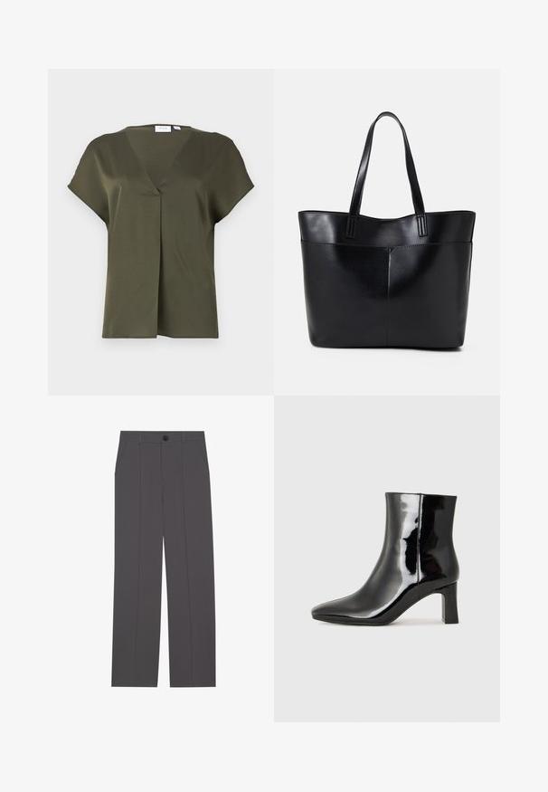 Tamsiai alyvuogių žalios spalvos trumpomis rankovėmis bluzonė su V formos iškirpte ir priekinėmis raukšlėmis. Lygus audinys, laisvas siluetas ir minimalūs siuvimo detalės.; Pilkos kelnės su tiesaus kirpimo dizainu, turinčios dvi šonines kišenes ir mygtuko užsegimą. Lygus audinys be matomų raštų ar akcentų.; Juodos lakuotos odinės aulinukės su smailiu pirštu ir vidutinio aukščio blokuotu kulnu. Lygus paviršius ir minimalistinis dizainas.; Juoda odinė rankinė su dviem ilgais diržais, lygiu paviršiumi ir struktūrizuota forma. Yra priekinė kišenė papildomam saugojimui.