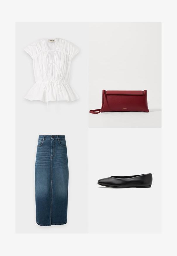 Biała bawełniana bluzka z krótkimi bufkami, z marszczonymi detalami i wiązaniem z przodu. Dół w stylu peplum dodaje szerokiego fasonu. Widoczna metka marki.; Denimowa spódnica midi w ciemnym indygo, z przodu rozcięcie i drobnym wypłowieniem. Klasyczny design z pięcioma kieszeniami oraz metalowym zapięciem.; Paul Smith TOPANGA czarny; Czerwona skórzana kopertówka o teksturowanym wykończeniu, z płaskim złożonym wierzchem i krótkim paskiem. Subtelne logo marki z przodu.