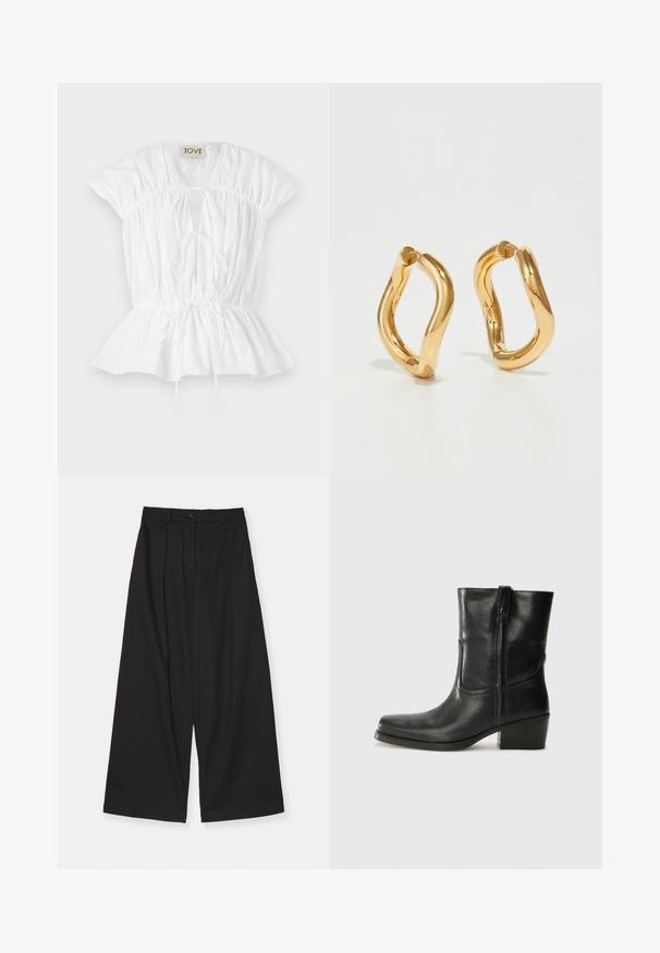 White cotton blouse with short puff sleeves, gathered detailing, and a tie front. Peplum hem adds a flared silhouette. Brand label visible.; Black wide-leg trousers made of a smooth fabric, featuring a high waist, front pleats, a button closure, and a straight silhouette.; Black leather ankle boot with a rounded toe, block heel, side zipper, and stitching accents on the vamp. Smooth texture, classic design.; Gold-colored hoop earrings with a curved, irregular shape and a smooth, polished texture. No visible hardware or accents.