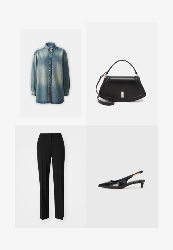 Camisa de denim azul con cuello clásico, cierre de botones en la parte delantera y mangas largas con un ajuste ligeramente holgado. Lavado desgastado y tejido texturizado.; Pantalones negros ajustados con un diseño de pierna recta, que presentan una textura suave y pliegues nítidos en el frente. Sin herrajes visibles.; Tacones negros de piel sintética tipo slingback con punta afilada, que cuentan con un tacón delgado y un detalle en tono dorado en la correa ajustable. Textura suave.; Bolso de mano de cuero negro con un diseño estructurado, que presenta una forma recortada, asa superior y acentos en dorado. Correa de hombro ajustable incluida.